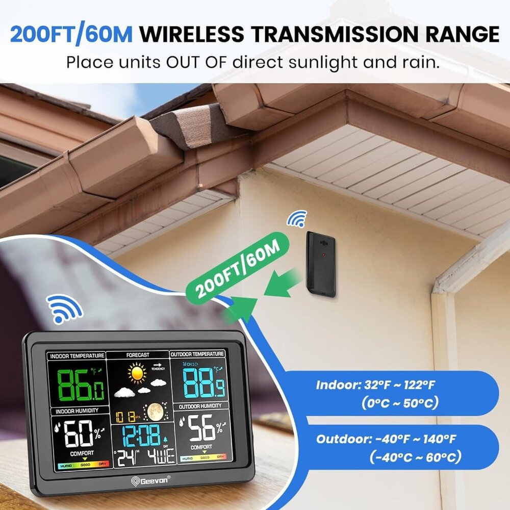 Wireless Indoor Outdoor Weather Station with Color Display, Digital Thermometer - Picture 7 of 9